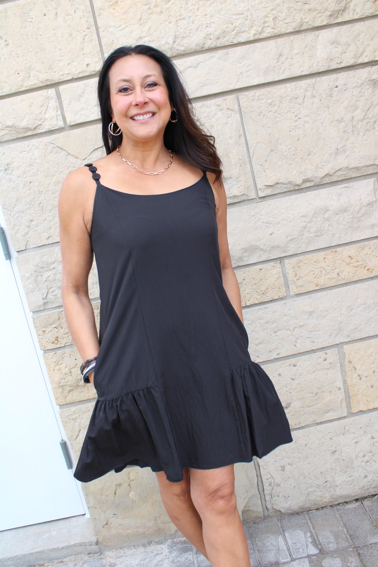 Coin Strap Ruffle Mini Dress | Black