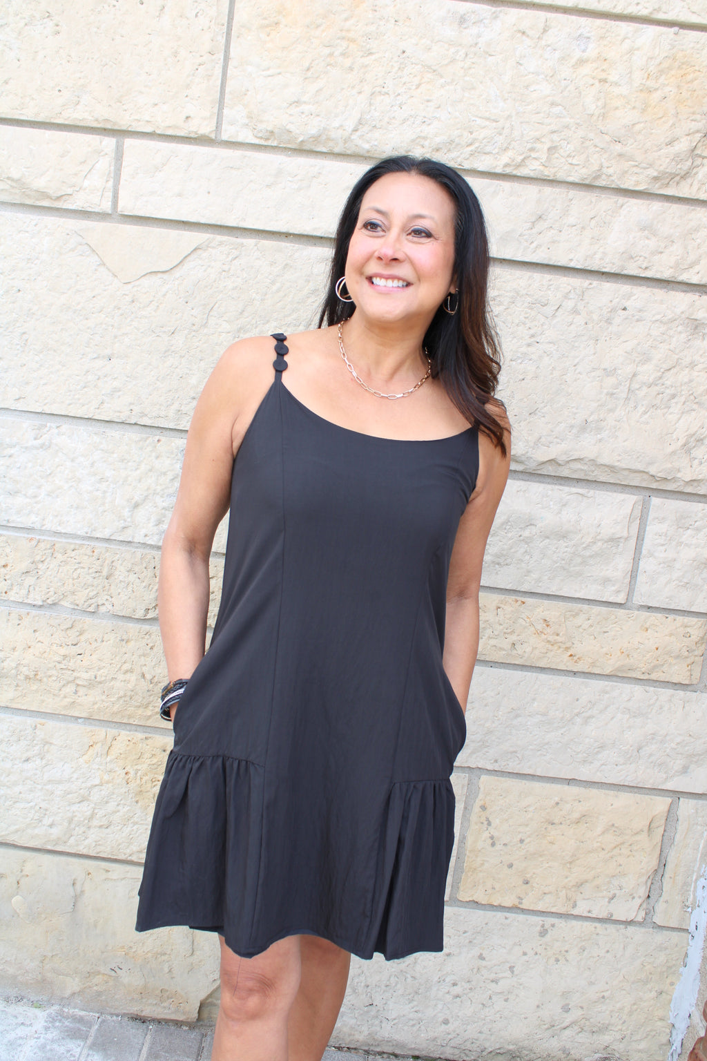 Coin Strap Ruffle Mini Dress | Black
