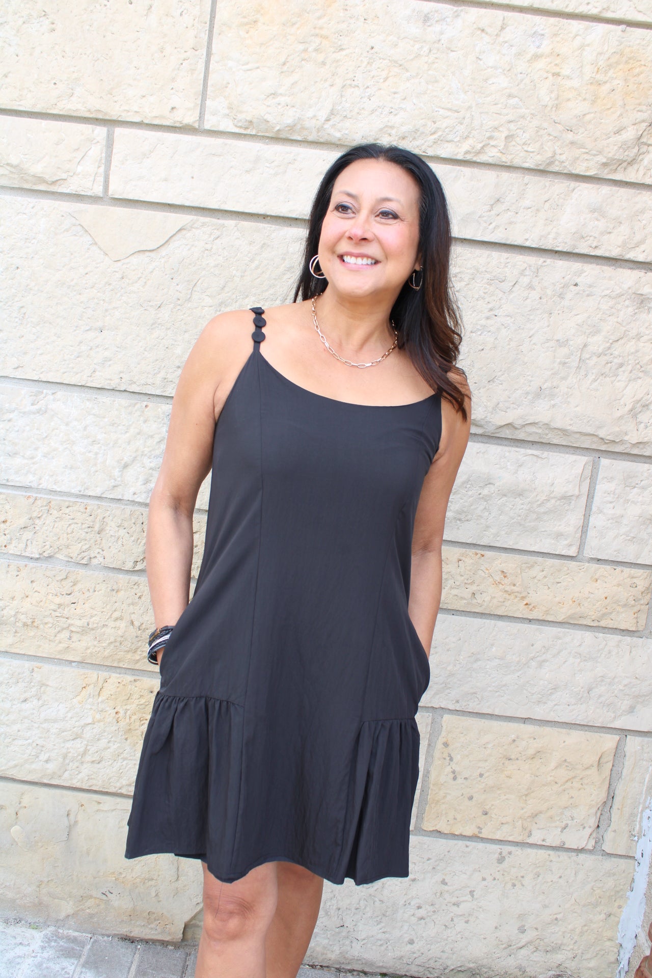 Coin Strap Ruffle Mini Dress | Black
