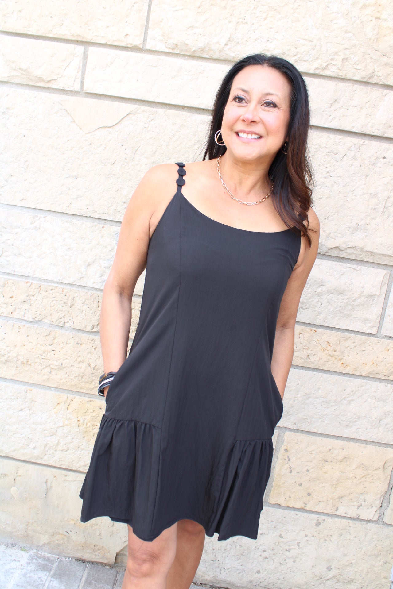 Coin Strap Ruffle Mini Dress | Black